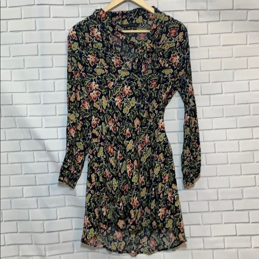 Zara‎ Woman Tie Neck Black Floral Dress Sz S